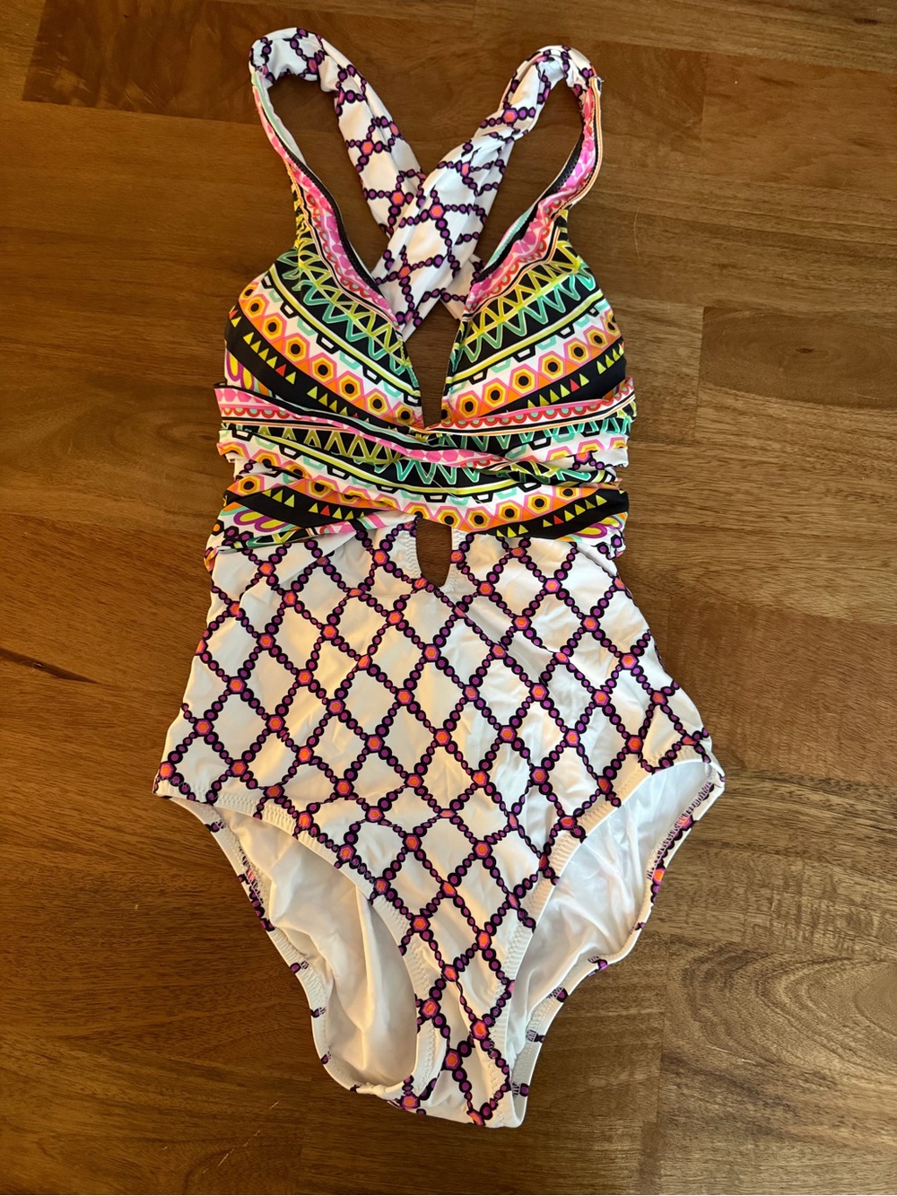 Kids One-Piece Swimsuit in White with Multicolor Tribal Print